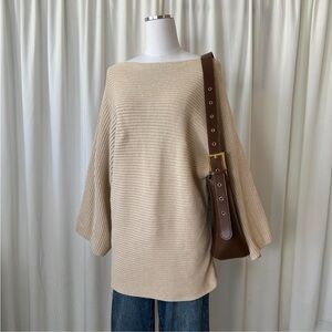 Cream Sutton Studio ribbed-knit sweater with a boat neck and dolman sleeves 1X.